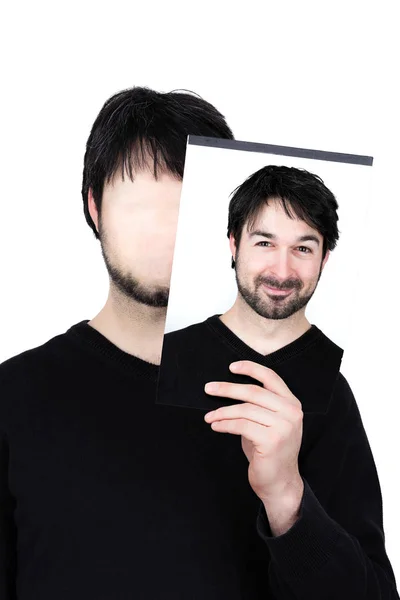 Imagem Simbólica Homem Segurando Seu Rosto Mostrando Mudanças Acordo Com — Fotografia de Stock