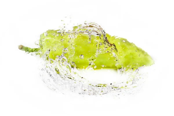 Grüner Pfeffer Mit Wasserspritzer Isoliert Auf Weißem — Stockfoto