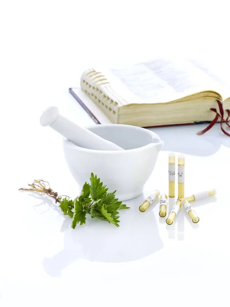 White Mortar Scenographic White Table Mirror Asessoires Natural Medicine — Stock Photo, Image