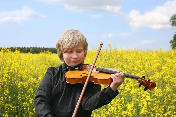 Jovem Mulher Com Violino Fundo Flores Amarelas — Fotografia de Stock