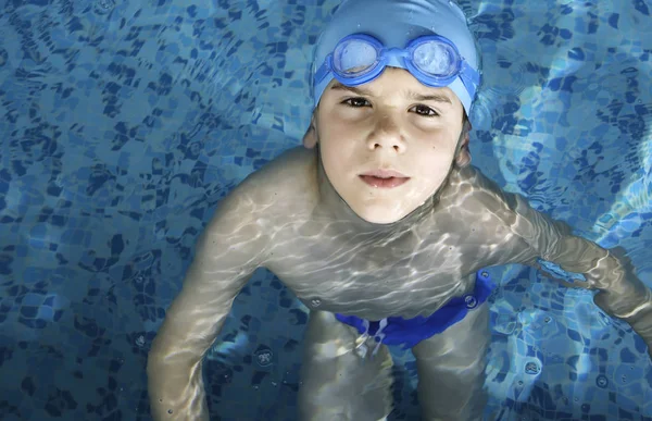 Little Boy Swimming Pool Blue Swimming Pool — Stock Photo, Image