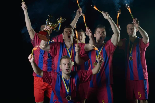 Fußballer Feiern Den Sieg Und Werden Meister Des Spiels Während — Stockfoto