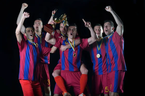 Jogadores Futebol Grupo Equipe Celebrando Vitória Tornar Campeão Jogo Enquanto — Fotografia de Stock