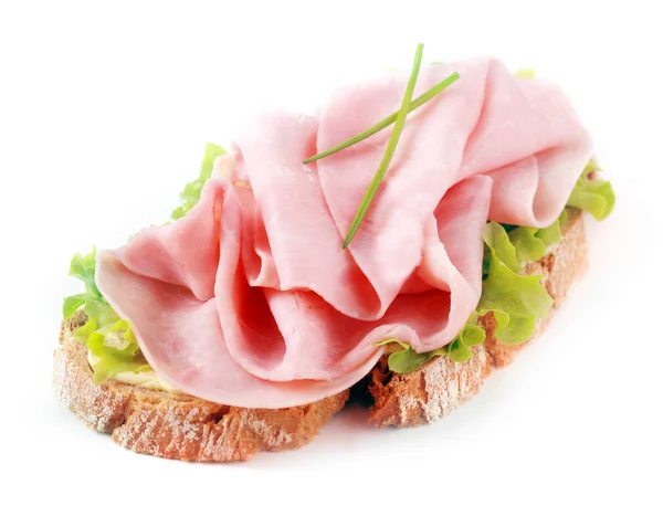 Open Ham Sandwich Een Knapperig Sneetje Roggebrood Met Verse Bieslook — Stockfoto