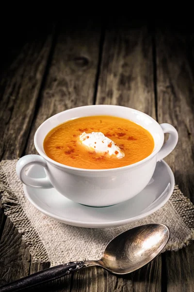 Stylish White Bowl Delicious Spicy Carrot Soup Cream Served Rustic — Stock Photo, Image