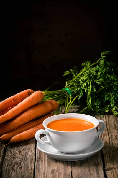 Bowl Delicious Hot Homemade Carrot Soup Fresh Ingredients Rustic Wooden — Stock Photo, Image