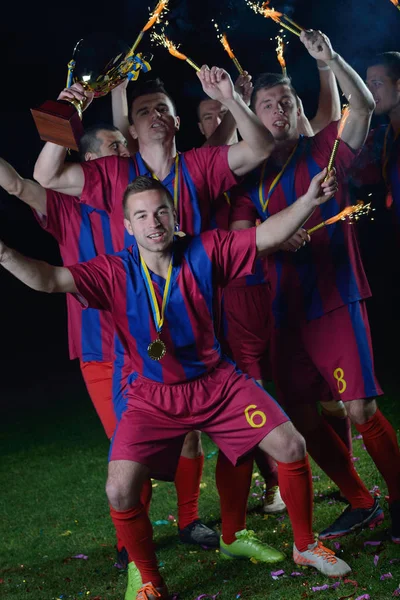 Soccer Players Team Group Celebrating Victory Become Champion Game While — Stock Photo, Image