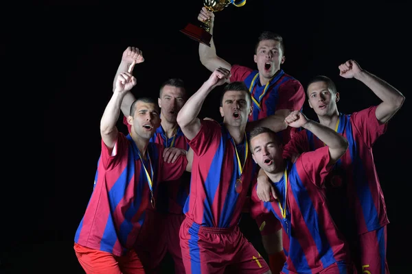 Jogadores Futebol Grupo Equipe Celebrando Vitória Tornar Campeão Jogo Enquanto — Fotografia de Stock