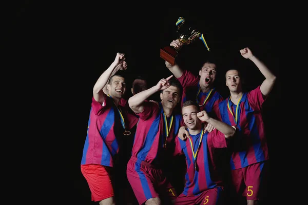 Soccer Players Team Group Celebrating Victory Become Champion Game While — Stock Photo, Image