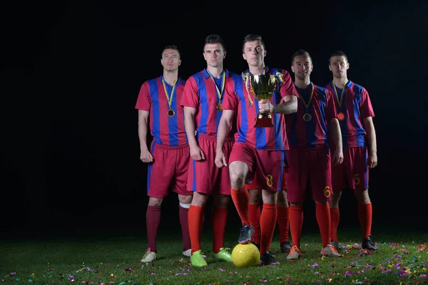 Squadra Giocatori Calcio Gruppo Celebrando Vittoria Diventare Campione Gioco Mentre — Foto Stock