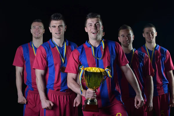 Squadra Giocatori Calcio Gruppo Celebrando Vittoria Diventare Campione Gioco Mentre — Foto Stock