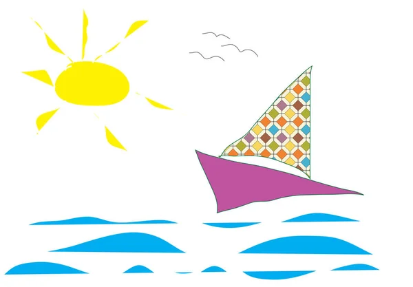 Barco Vela Mar Con Sol Amarillo Mano Dibujada — Foto de Stock
