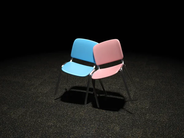 Ein Blauer Und Pinkfarbener Stuhl Hell Erleuchtet Aneinander Gelehnt Symbol — Stockfoto