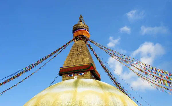 Bodhnath Stupa Katmandu Buddha Eyes Prayer Flags Clear Blue Sky — Zdjęcie stockowe