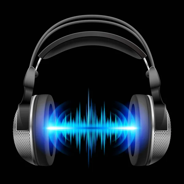 Słuchawki Niebieskimi Falami Dźwiękowymi Ilustracja Czarnym Tle — Zdjęcie stockowe