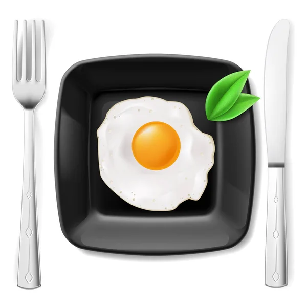 Подавали Завтрак Жареное Яйцо Черной Тарелке Подается Вилкой Ножом — стоковое фото