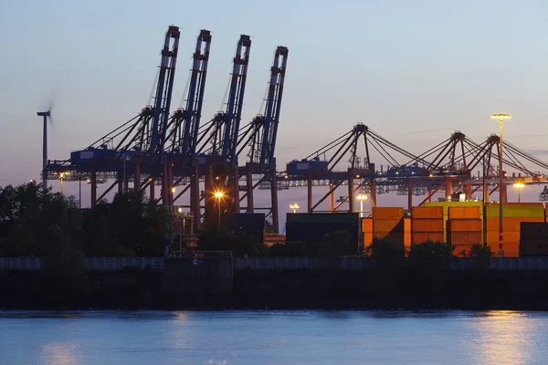 Container Gantry Vranes Hamburg Waltershof Preso Sera Dopo Tramonto Del — Foto Stock