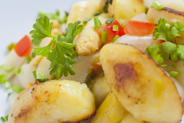Home Made Summer Lean Cuisine Fried Asparagus Salad Roast Potatoes — Stock Photo, Image