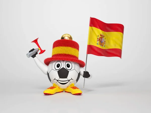 Personagem Futebol Bonito Engraçado Segurando Bandeira Nacional Espanha — Fotografia de Stock