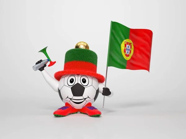 Słodki Zabawny Bohater Piłki Nożnej Trzymający Flagę Portugalii Róg Ubrany — Zdjęcie stockowe
