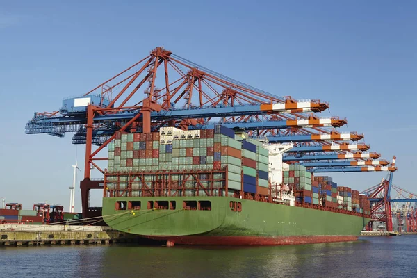 Een Containerschip Bij Diepzeehaven Hamburg Waltershof Wordt Geladen Gelost Alle — Stockfoto