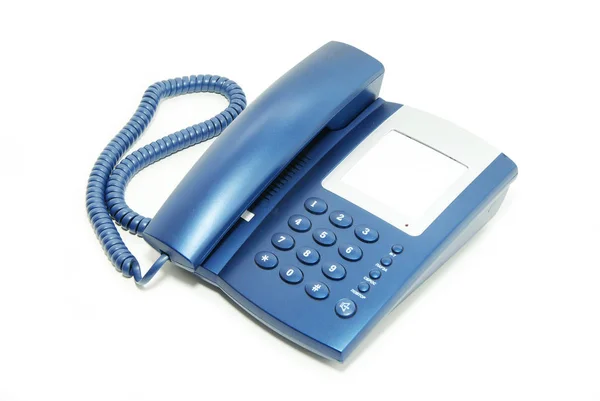 Modrá Kancelář Telefon Bílém Pozadí — Stock fotografie