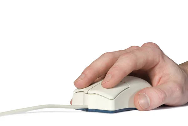 Mouse Computador Branco Mão Branco — Fotografia de Stock