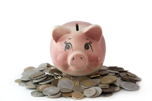 Roze Piggy Bank Geïsoleerd Een Witte Achtergrond Met Munten Rechtenvrije Stockfoto's