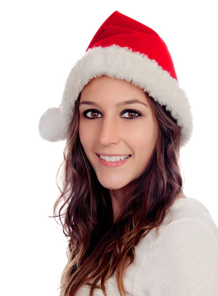 クリスマス帽子 白い背景で隔離の魅力的なカジュアルな女の子 — ストック写真