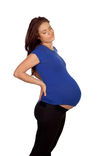 Zwangere Vrouw Met Pijn Nieren Geïsoleerd Een Witte Achtergrond — Stockfoto