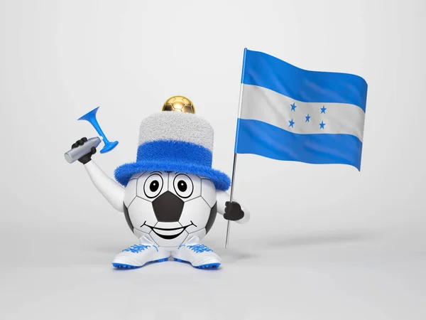 Słodki Zabawny Bohater Piłki Nożnej Trzymając Flagę Narodową Hondurasu Róg — Zdjęcie stockowe