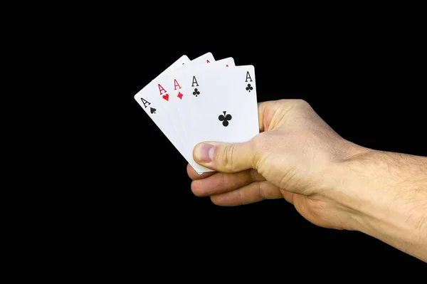 Ένα Νικηφόρο Χέρι Πόκερ Τέσσερις Άσους Που Παίζουν Χαρτιά Ταιριάζει — Φωτογραφία Αρχείου