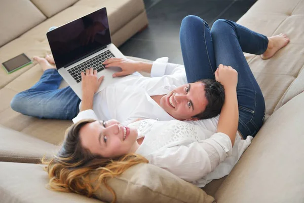 Happy Young Couple Modern Home Using Tablet Computer — Stock Photo, Image