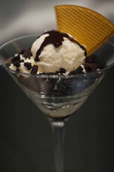 クッキーとワッフルの装飾とマティーニのグラスのアイスクリーム — ストック写真