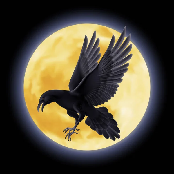 Чорний Ворон Летить Тлі Повного Місяця — стокове фото