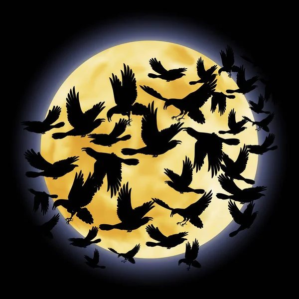 満月の夜を背景に黒いカラスが飛んでいる — ストック写真
