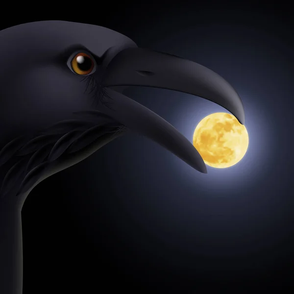 Μαύρο Κοράκι Που Κρατά Στο Ράμφος Του Ένα Φεγγάρι — Φωτογραφία Αρχείου