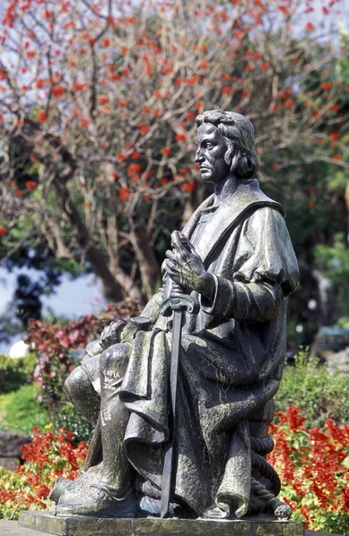 Estátua Columbus Centro Cidade Funchal Ilha Flor Madeira Portugal — Fotografia de Stock