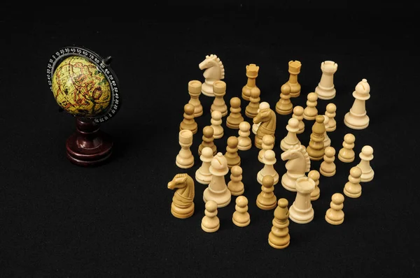 Globe White Chess Black Background — Stock Photo, Image