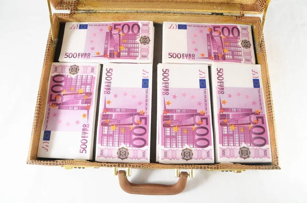 Una Valigia Piena Banconote 500 Euro Rosa — Foto Stock
