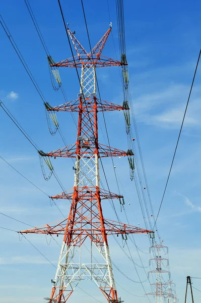 Macht Pyloon Blauwe Hemel Elektrische Transmissie Toren — Stockfoto