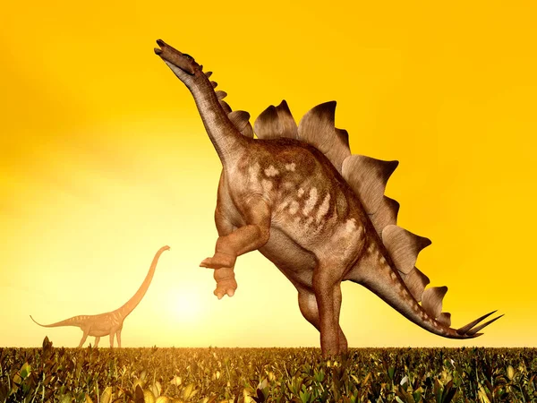 Computer Generato Illustrazione Con Dinosauri Stegosauro Mamenchisauro Tramonto — Foto Stock