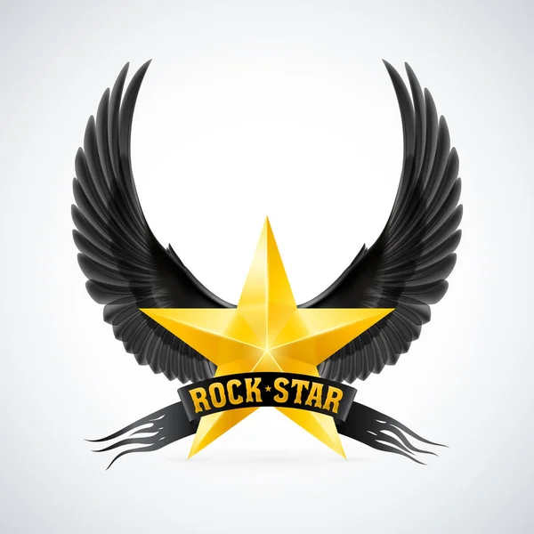 Rock Yıldızı Pankartı Siyah Kanatları Olan Altın Yıldız Beyaz Arkaplanda — Stok fotoğraf