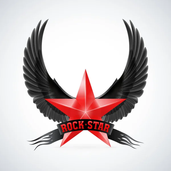 Rock Yıldızı Pankartı Siyah Kanatları Olan Kırmızı Bir Yıldız Beyaz — Stok fotoğraf