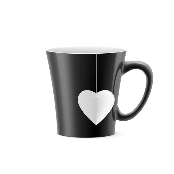 Taza Negra Con Fondo Cónico Con Una Bolsa Forma Corazón — Foto de Stock