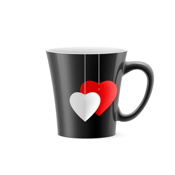 Black Cup Tapered Bottom Tea Bag Form Hearts — Stock Photo, Image