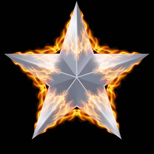 Estrella Plateada Cinco Puntas Rodeada Fuego Sobre Fondo Negro —  Fotos de Stock