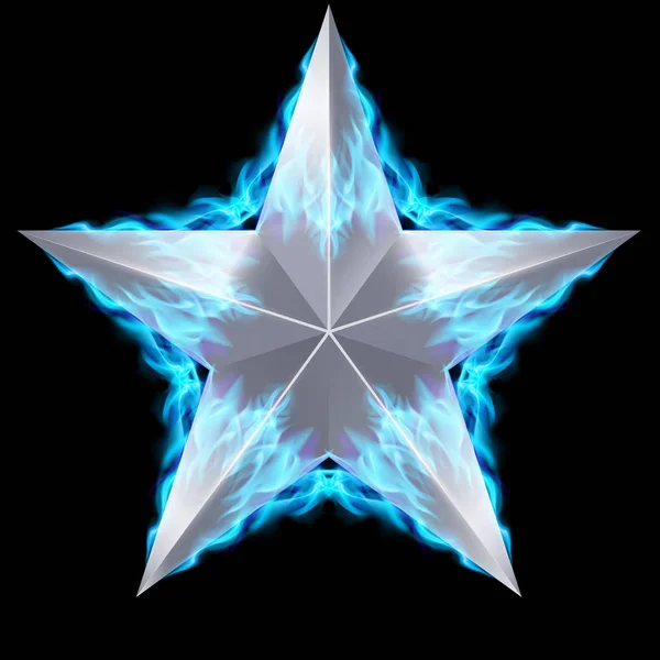 Silberner Fünfzackiger Stern Umgeben Von Blauem Feuer Auf Schwarzem Hintergrund — Stockfoto