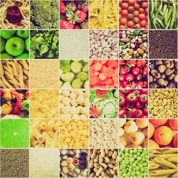 Ročník Retro Vzhled Jídlo Koláž Včetně Obrázků Zeleniny Ovoce Těstoviny — Stock fotografie