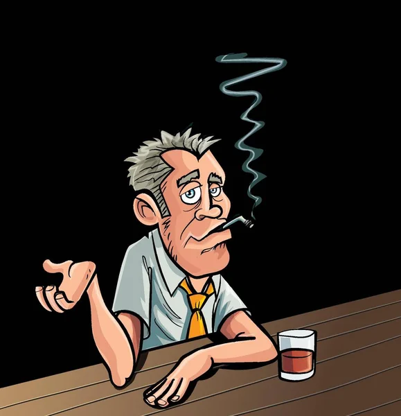 Karikatür Sigara Içen Bir Barda Bir Içki Ile Oturan — Stok fotoğraf